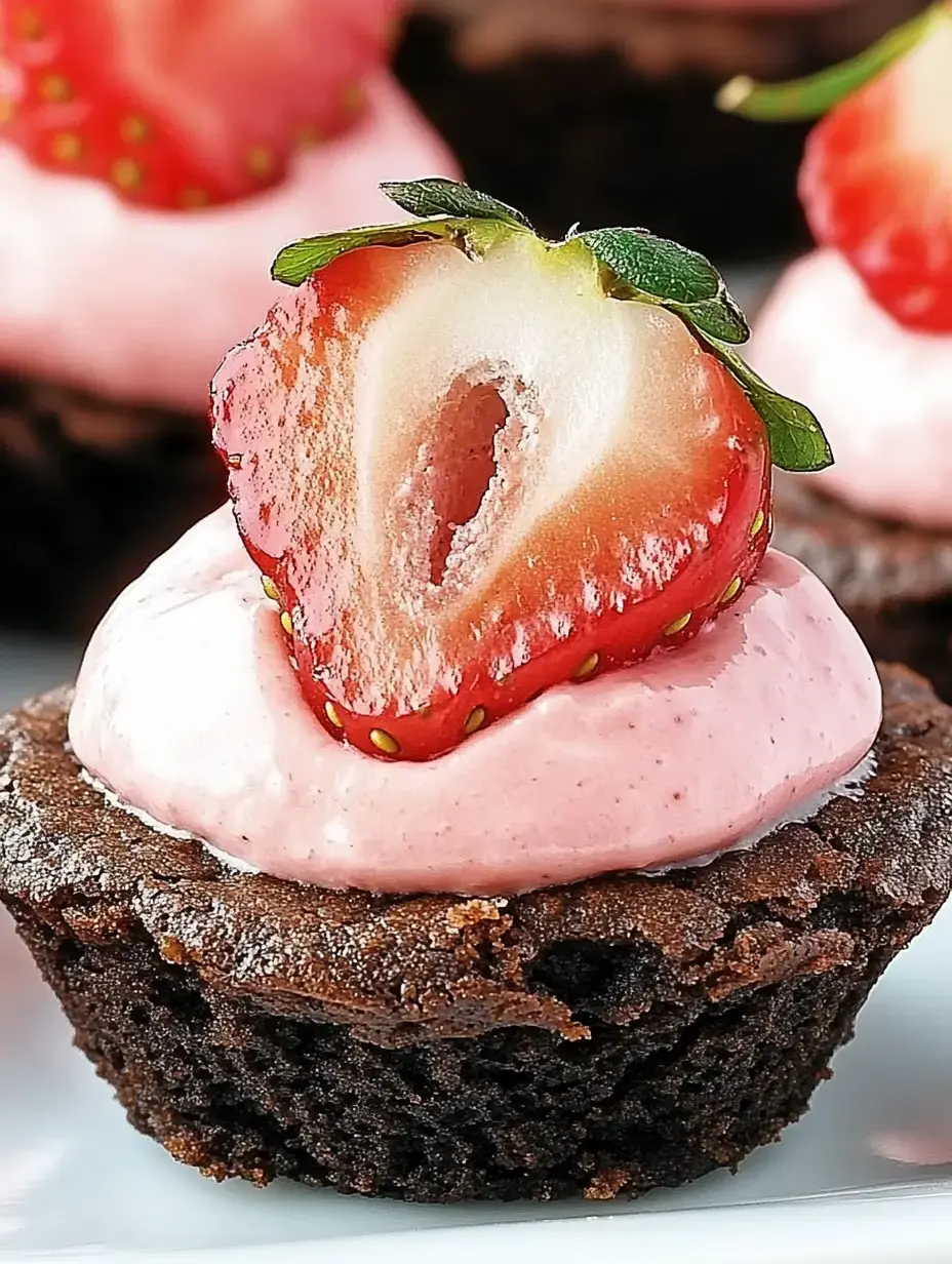 A close-up of a chocolate cupcake topped with pink frosting and a sliced strawberry.