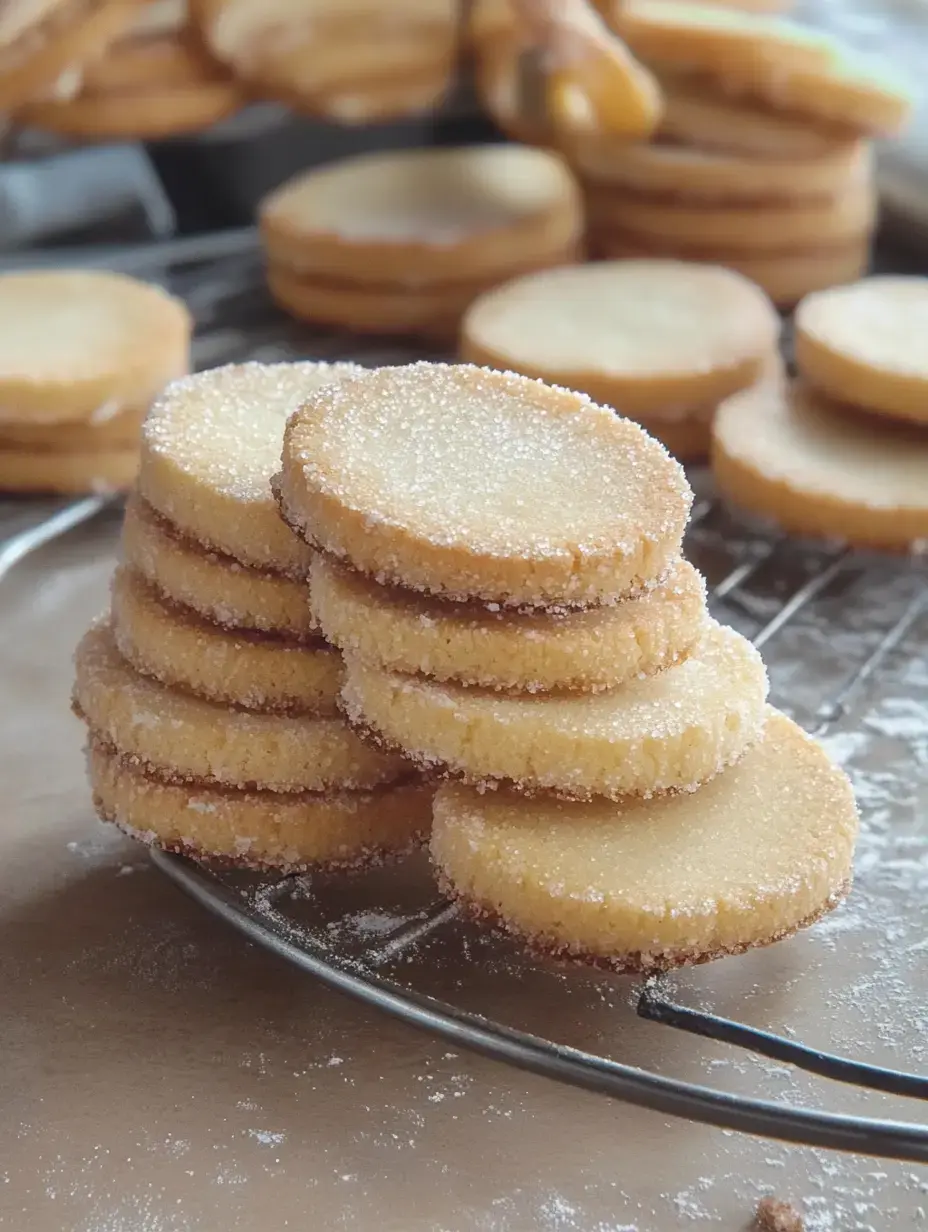 A stack of round, sugar-coated cookies is resting on a wire cooling rack, with more cookies visible in the background.