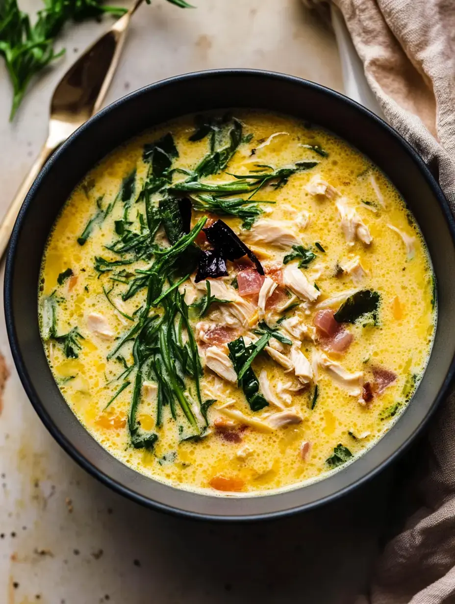 A bowl of creamy soup featuring shredded chicken, vibrant greens, and a rich, yellow broth.