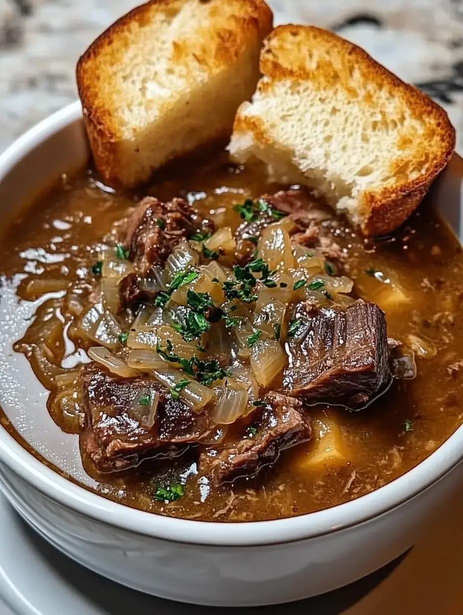 A bowl of rich beef stew with tender meat, caramelized onions, and a garnish of parsley, accompanied by two slices of toasted bread.