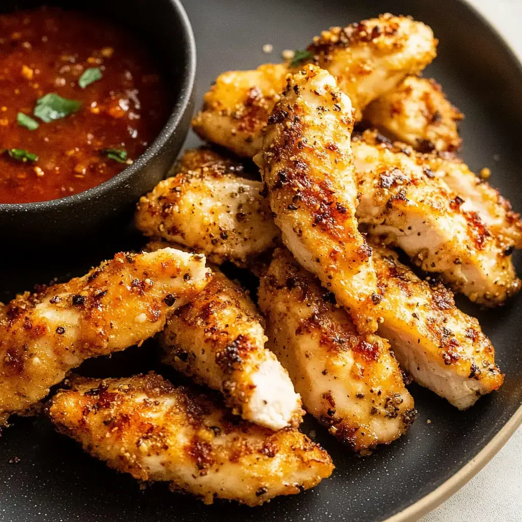 A plate of crispy, golden-brown chicken tenders is served alongside a small bowl of red dipping sauce.