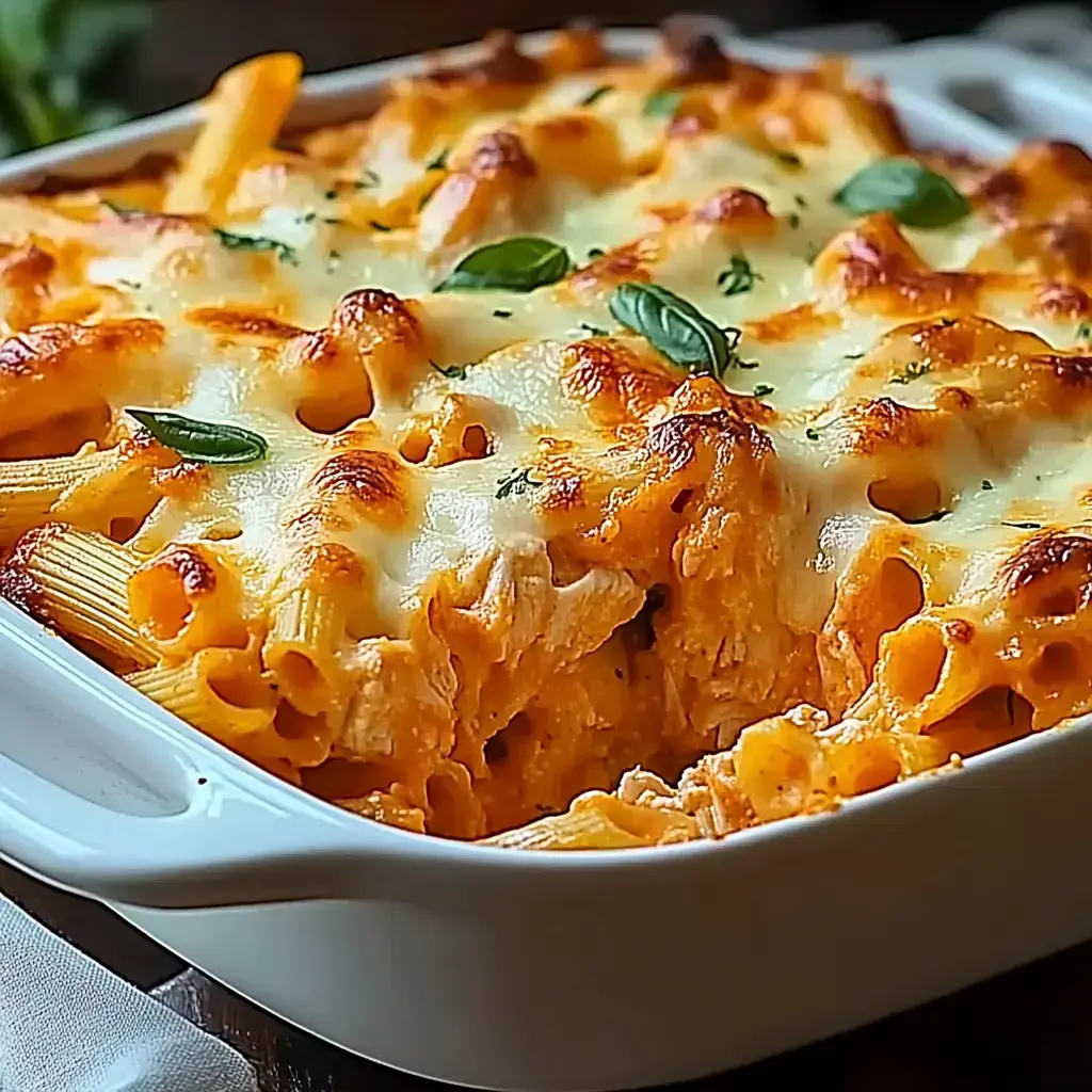 A creamy baked pasta dish topped with melted cheese and garnished with fresh basil.