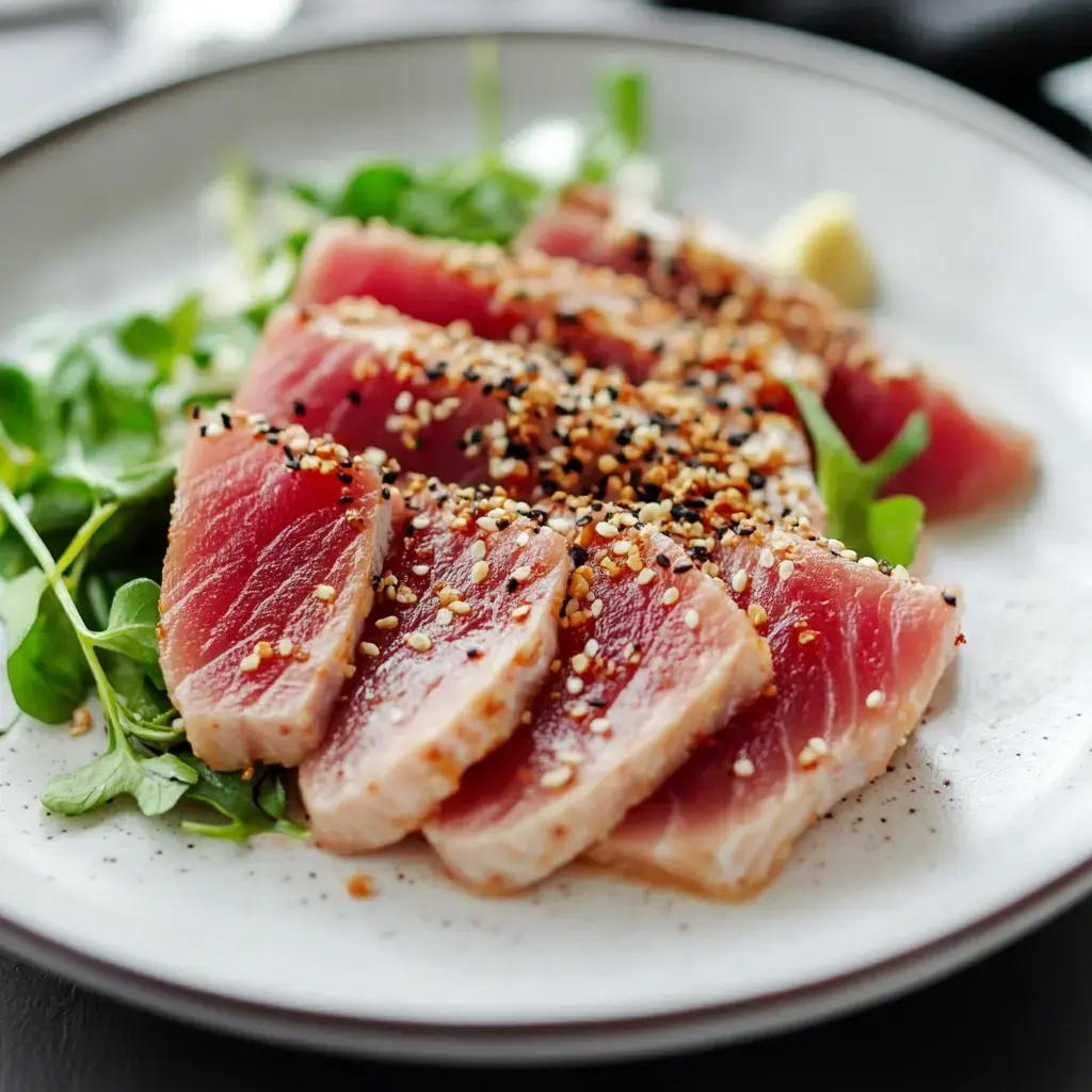 Sliced seared tuna garnished with sesame seeds, served atop a bed of fresh greens on a round plate.