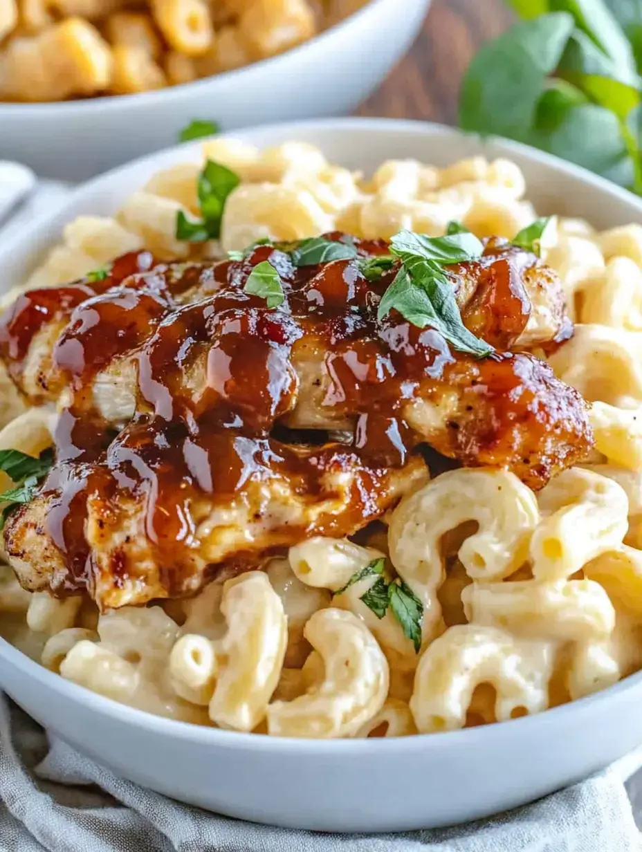 A bowl of creamy macaroni and cheese topped with grilled chicken and barbecue sauce, garnished with fresh herbs.