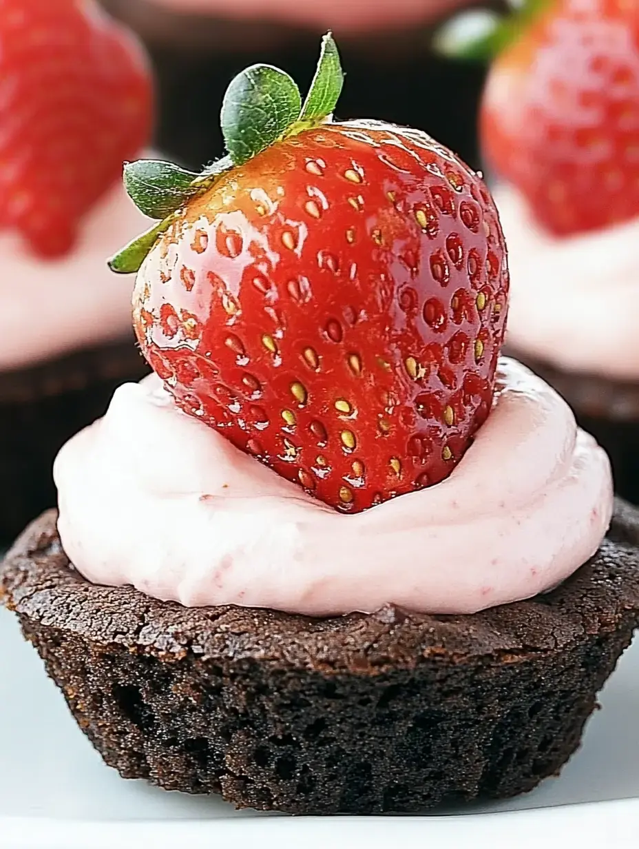 A chocolate cupcake topped with pink frosting and a fresh strawberry.