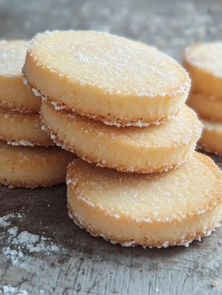 A stack of round, sugar-coated shortbread cookies rests on a wooden surface.