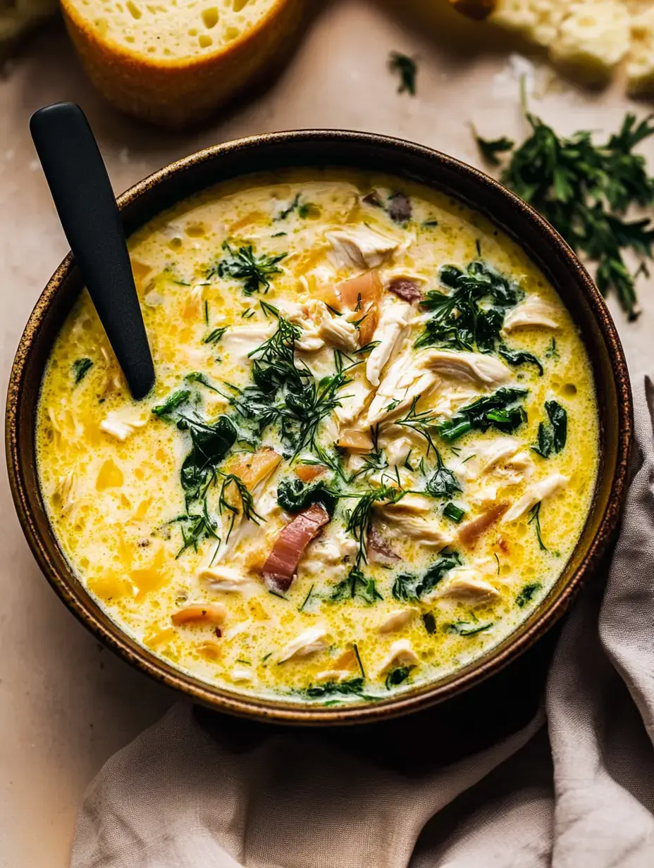 A close-up of a bowl of creamy chicken and spinach soup garnished with fresh herbs, accompanied by slices of bread.