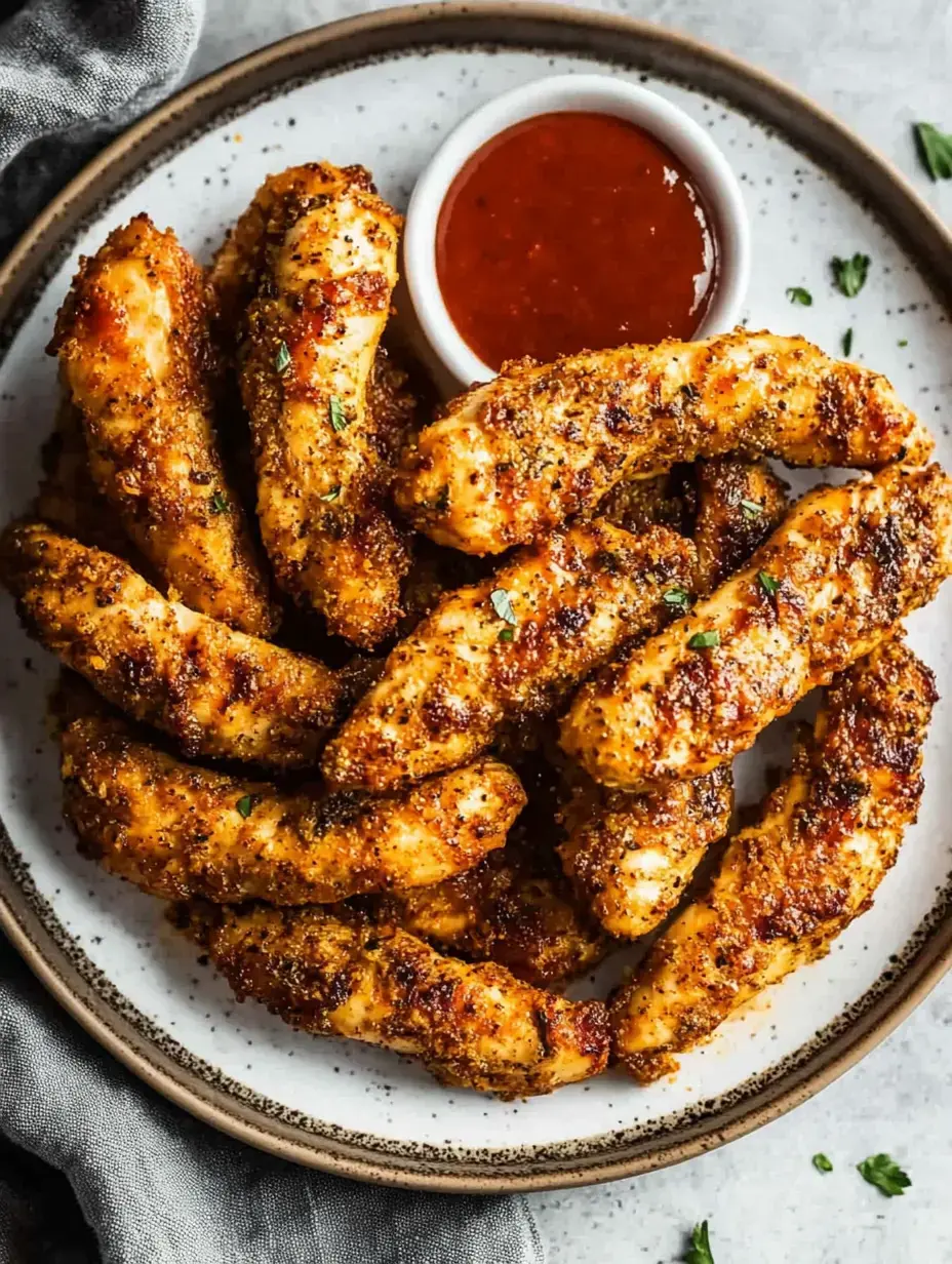 A plate of golden, crispy chicken tenders served with a small bowl of dipping sauce.