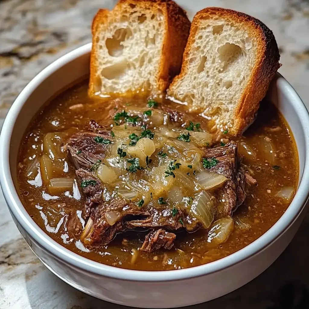 A bowl of savory beef stew with chunks of meat, sautéed onions, and two slices of toasted bread on the side.