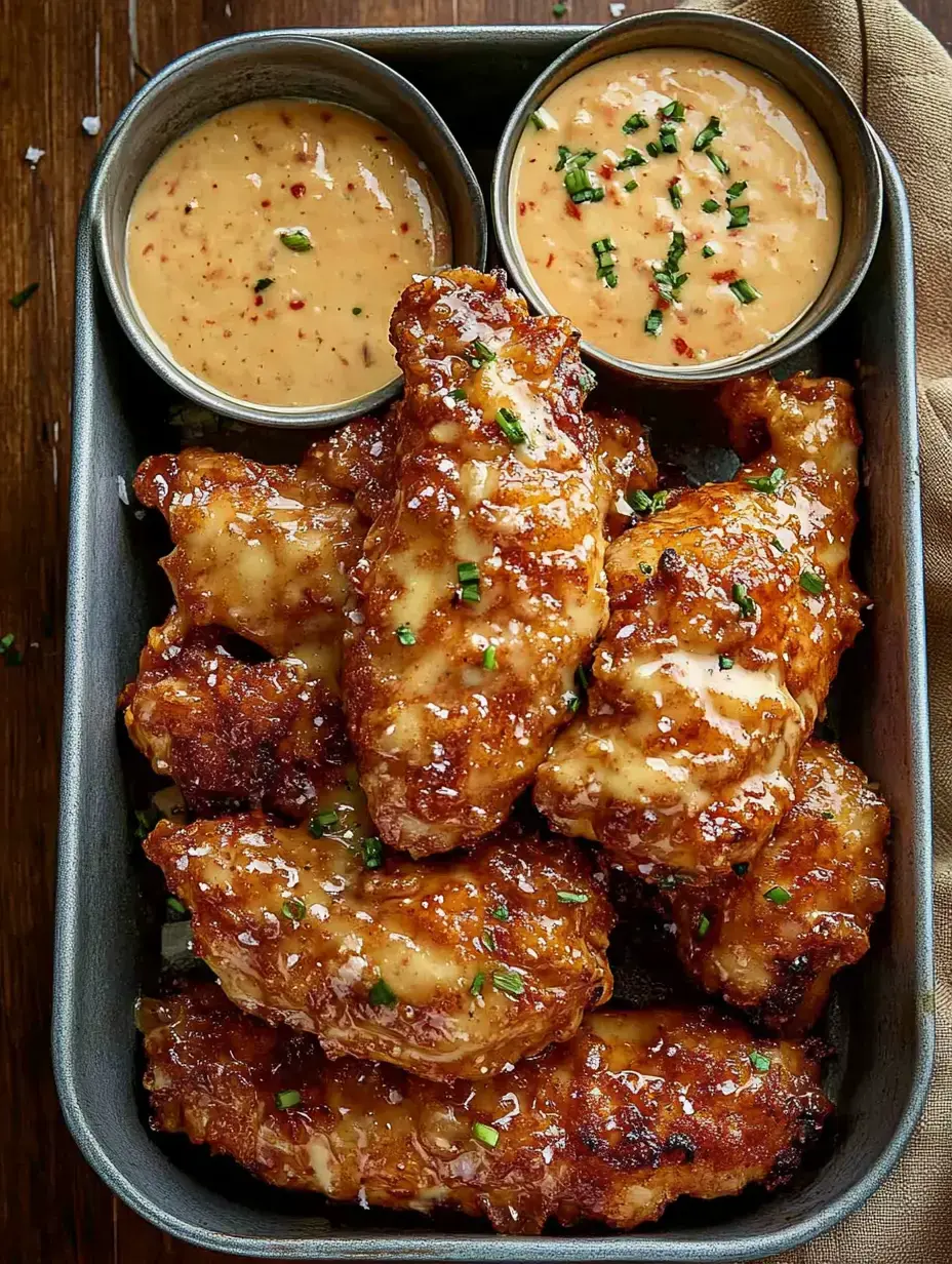 A metal tray filled with glazed chicken wings accompanied by two small bowls of dipping sauce.