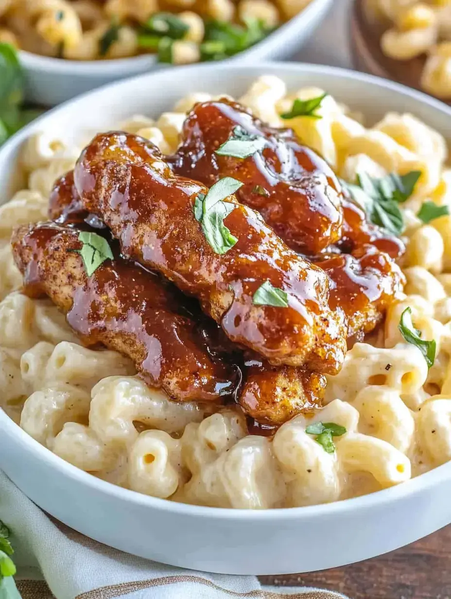 A bowl of macaroni and cheese topped with crispy chicken strips drizzled in a rich sauce and garnished with parsley.