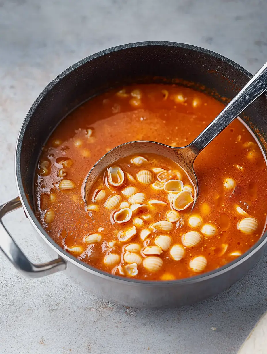 A pot of tomato soup containing small pasta shells and a ladle resting inside.