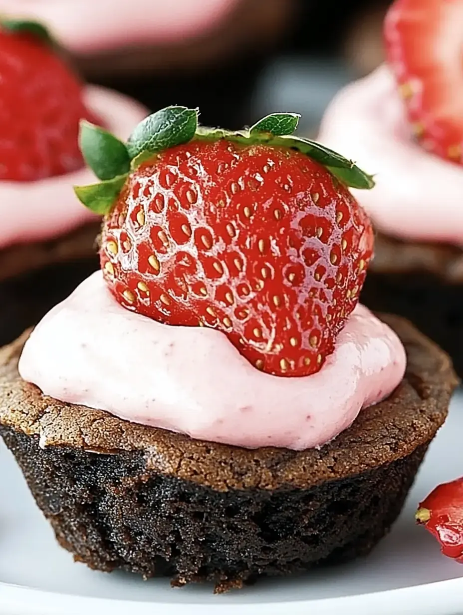 A close-up of chocolate brownie cupcakes topped with pink frosting and a fresh strawberry.