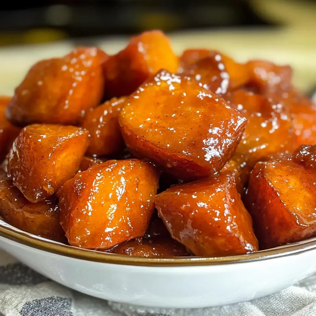 A close-up of a bowl filled with glossy, caramelized sweet potato cubes.