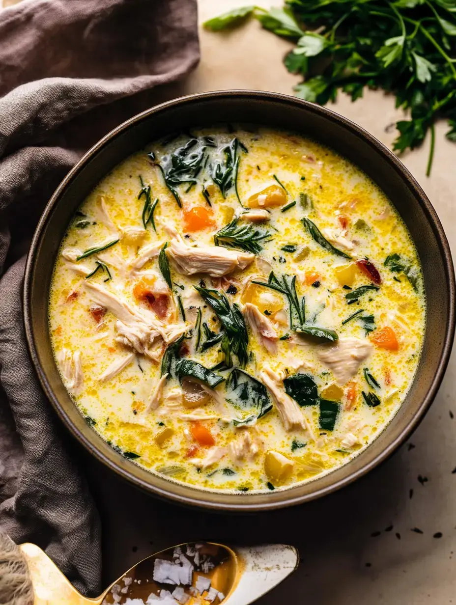 A close-up of a bowl of creamy chicken soup filled with vegetables and greens, accompanied by a silver spoon of salt.