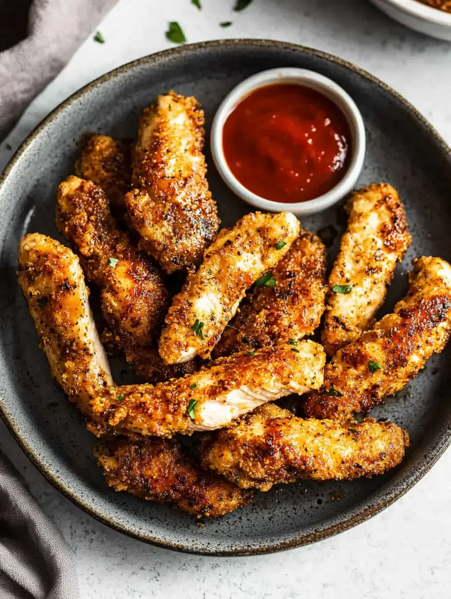 A plate of golden-brown chicken tenders with a small bowl of dipping sauce nearby.