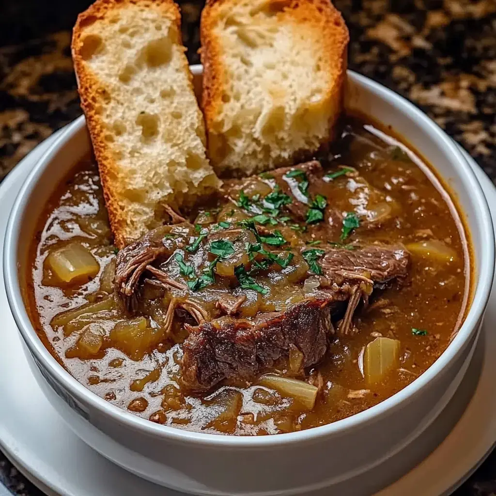 A bowl of hearty stew with tender meat and vegetables, garnished with chopped herbs and accompanied by two slices of toasted bread.