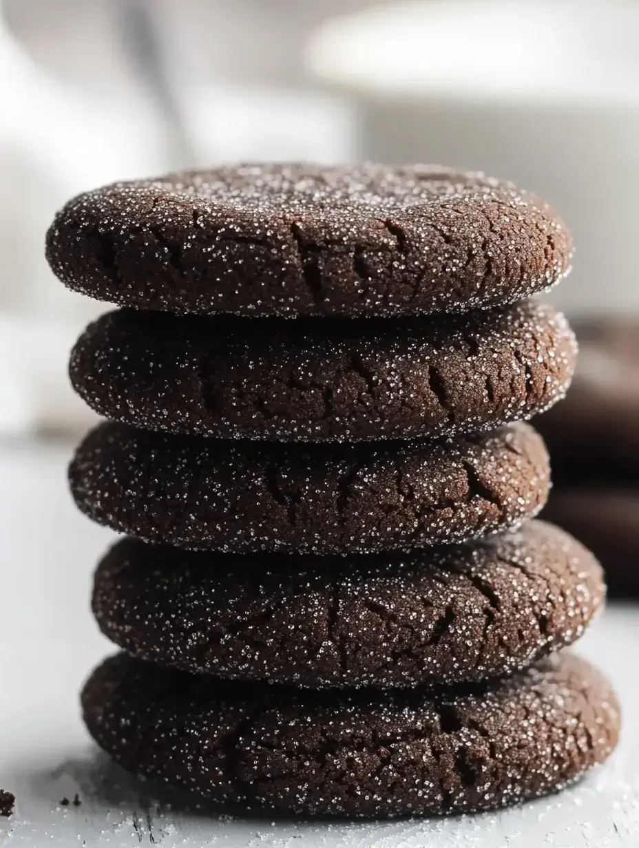 A stack of five chocolate cookies coated with sugar sits on a light surface, with blurred objects in the background.