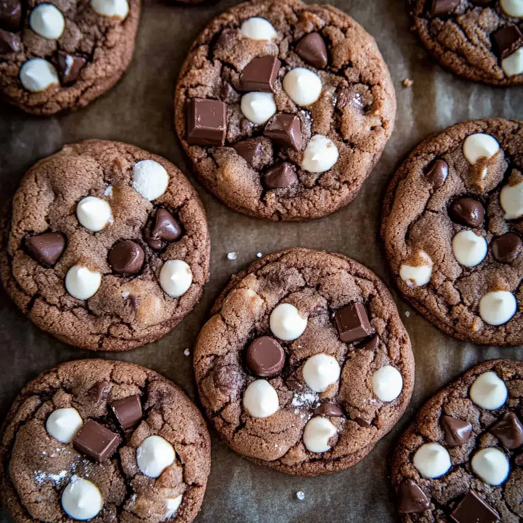 A close-up view of chocolate cookies topped with chunks of dark and white chocolate, arranged on a parchment paper.