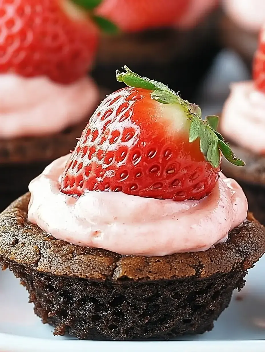 A close-up of a chocolate cupcake topped with pink frosting and a fresh strawberry.