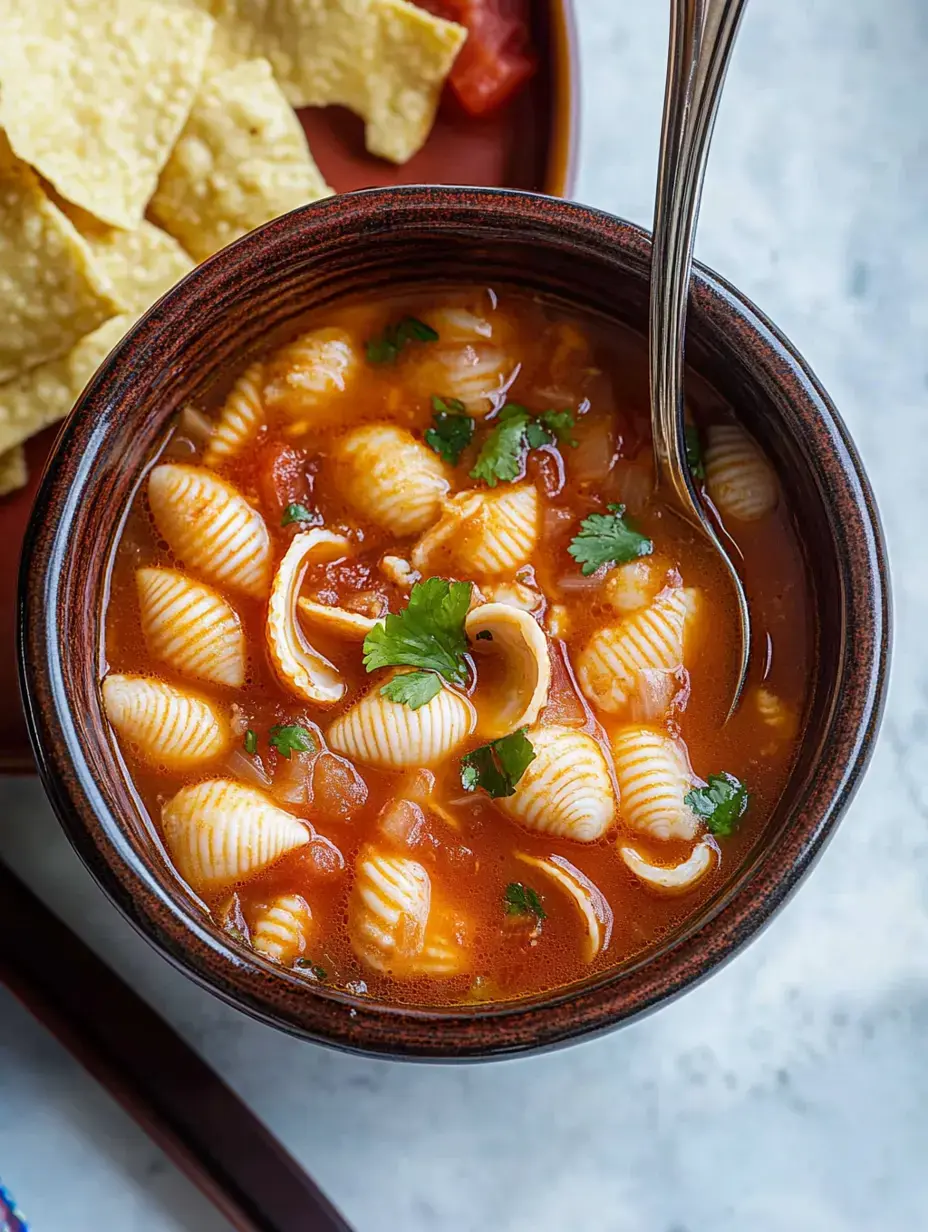 A bowl of soup with shell pasta and chopped cilantro, accompanied by a plate of tortilla chips.