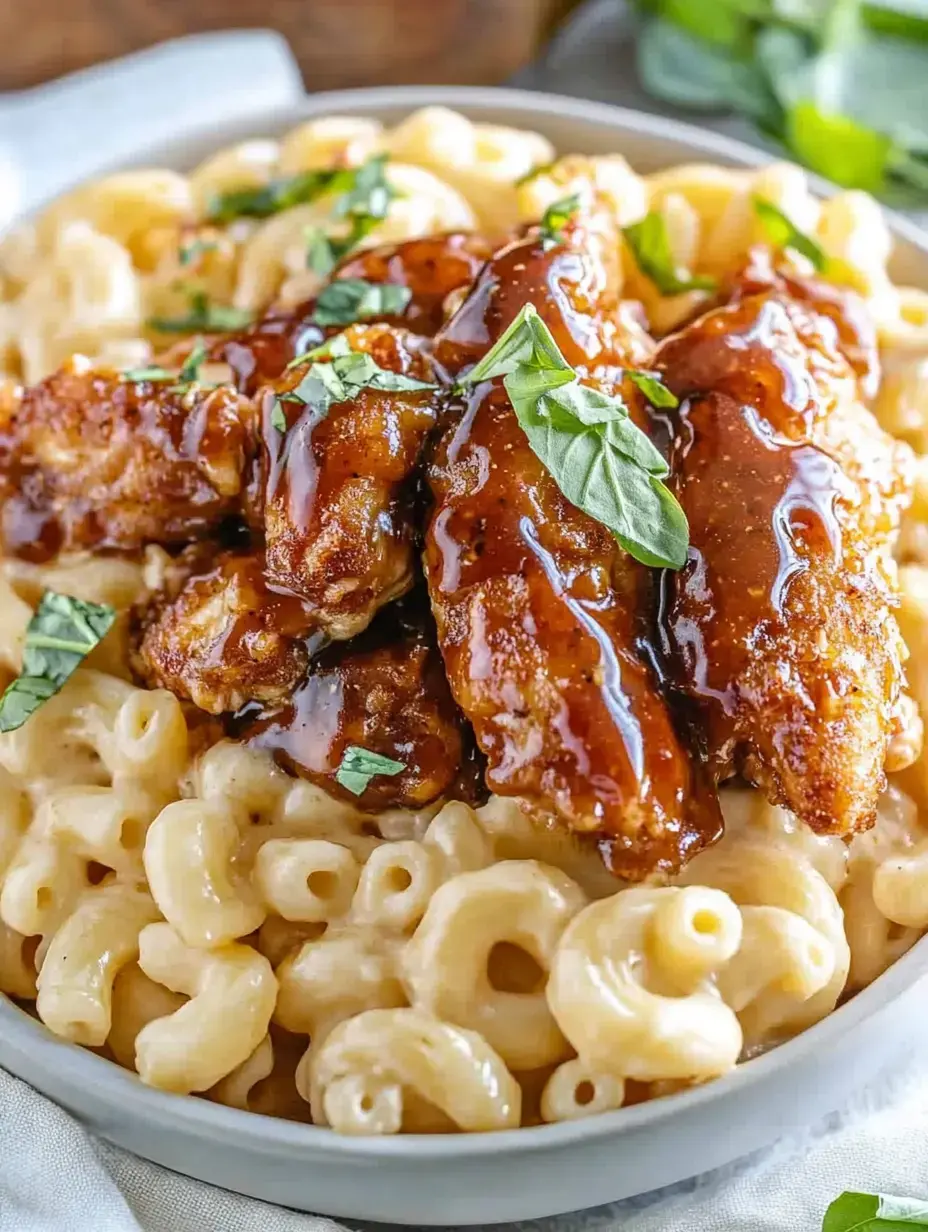 A bowl of creamy macaroni and cheese topped with crispy, golden fried chicken pieces drizzled with a sweet sauce and garnished with fresh basil.