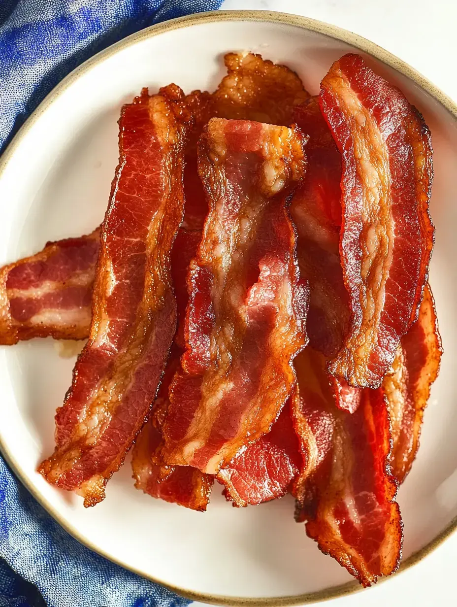 A plate of crispy, cooked bacon strips is arranged neatly on a white dish.