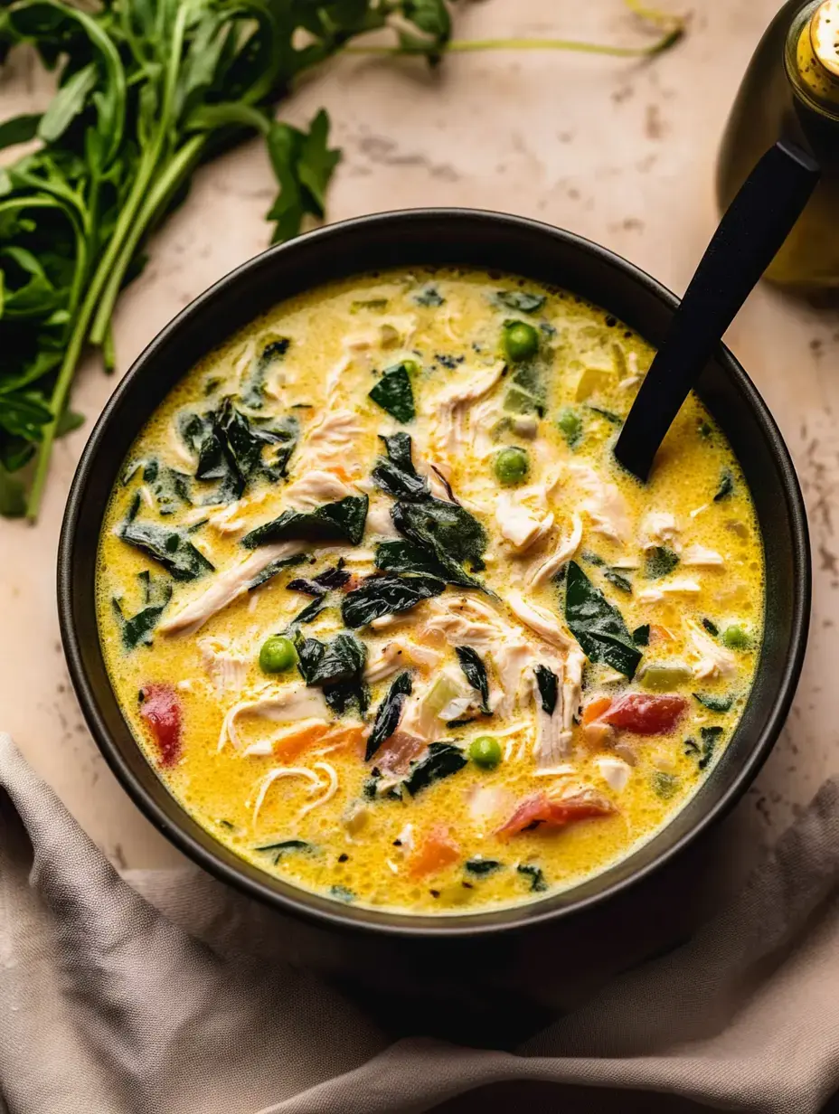 A close-up of a bowl of creamy chicken soup filled with greens, peas, and shredded chicken, set against a textured background with a sprig of greens beside it.