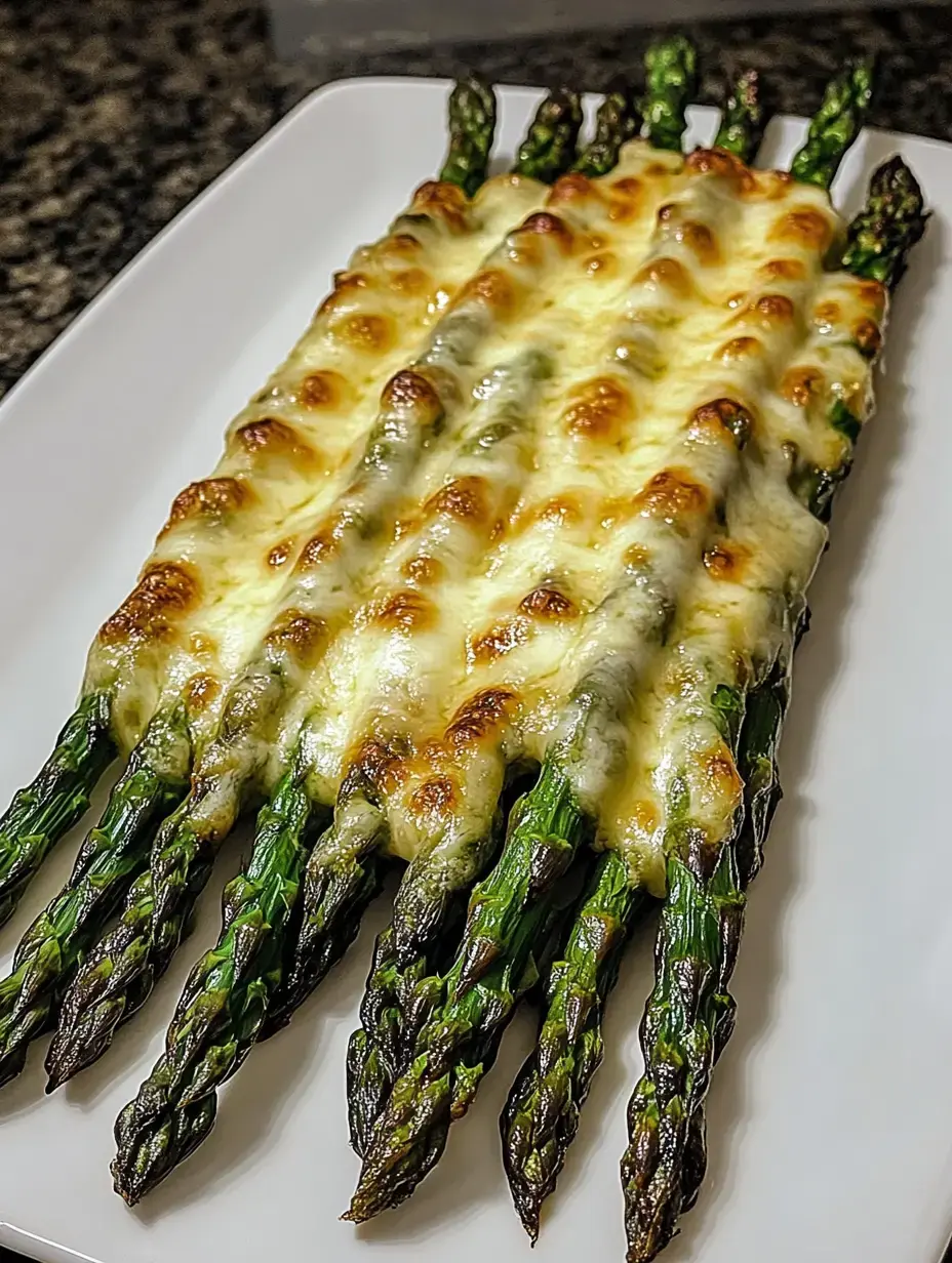 A serving of roasted asparagus topped with melted cheese, presented on a white plate.