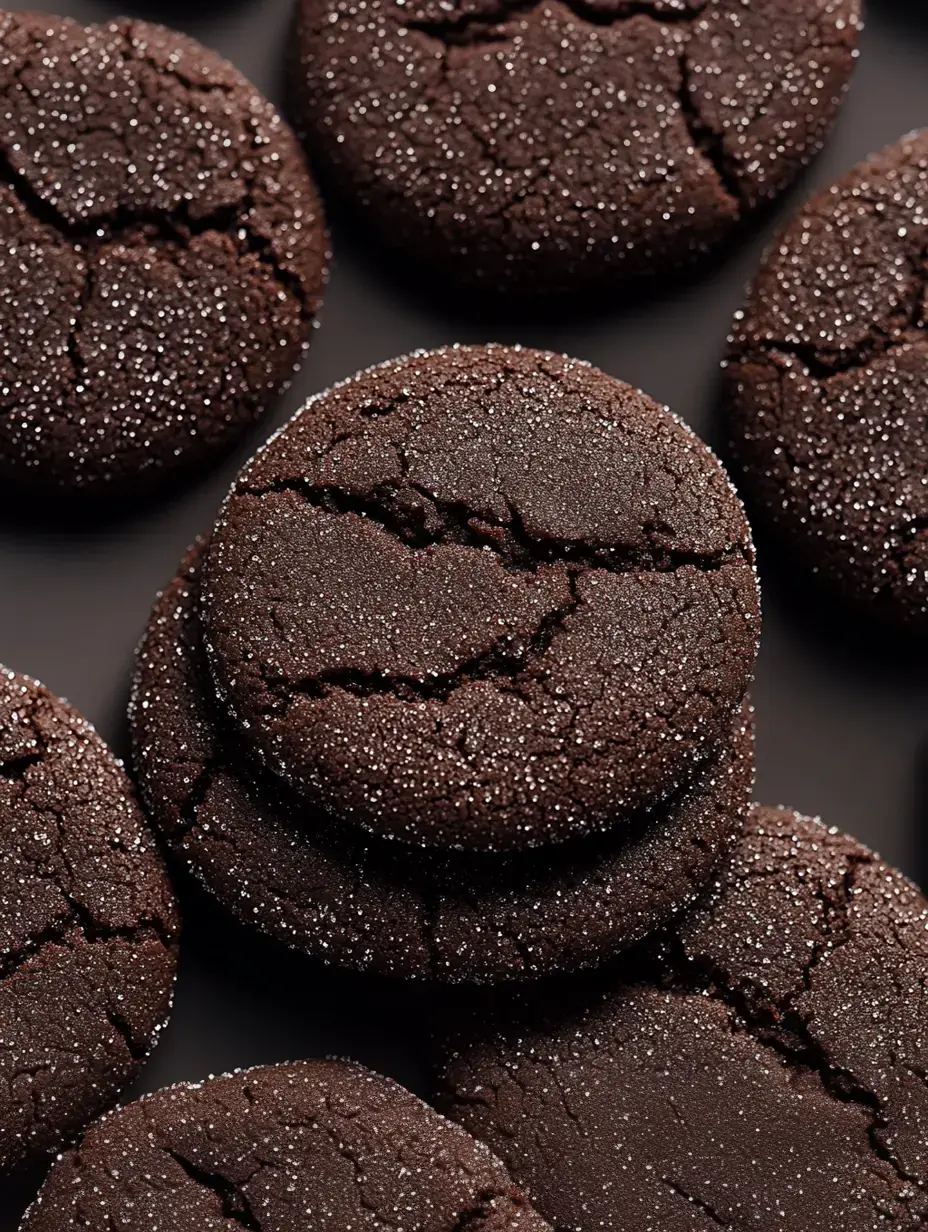 A close-up view of dark chocolate cookies, featuring a crackled surface and a light dusting of sugar.