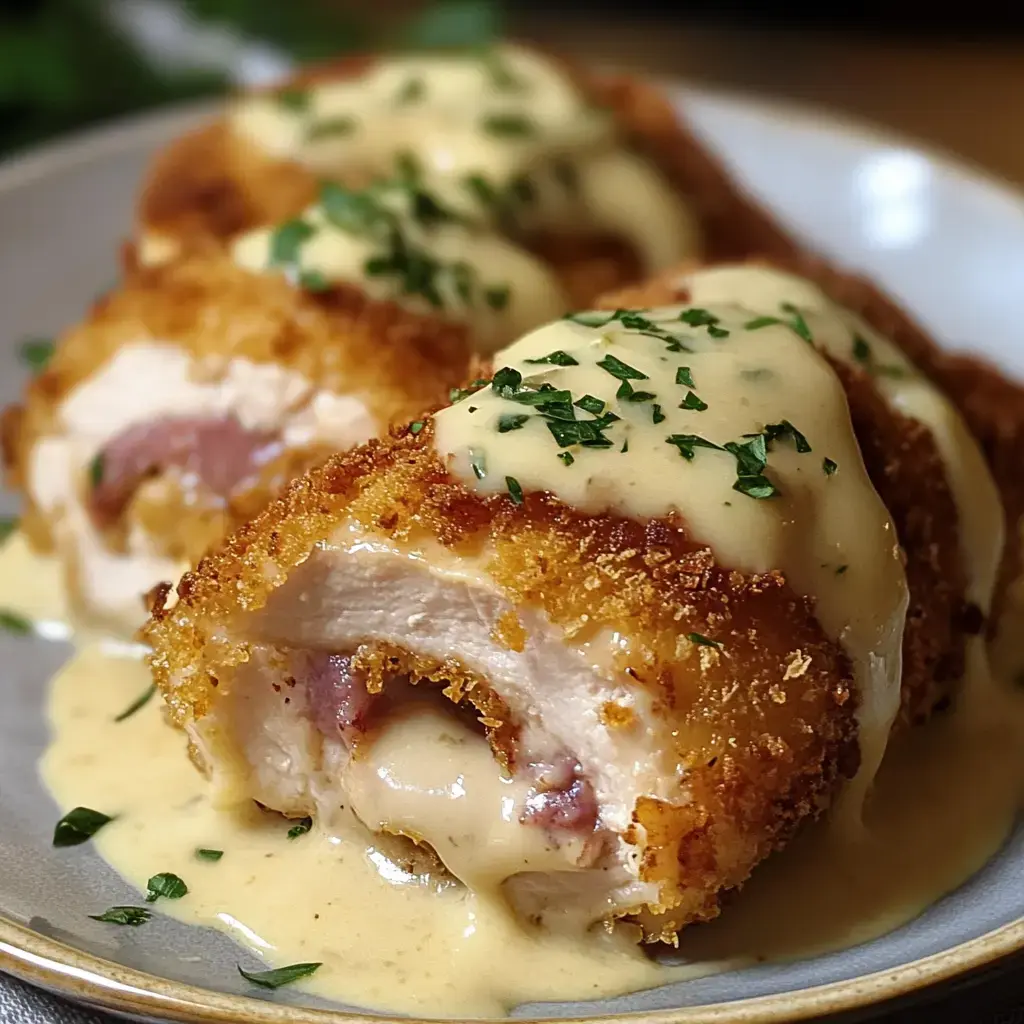 A plate of breaded chicken rolls filled with ham and cheese, topped with a creamy sauce and garnished with parsley.