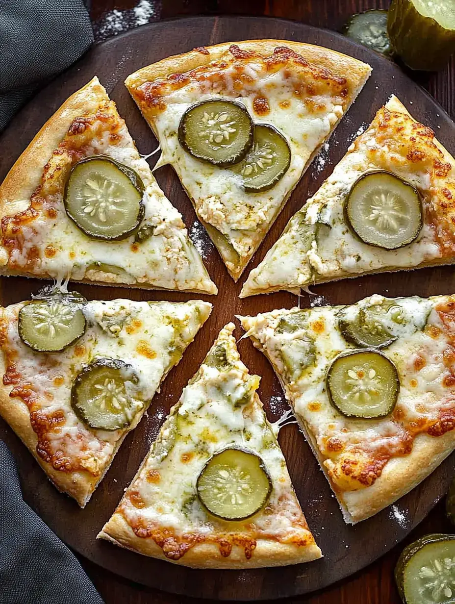 A wooden board holds slices of pizza topped with melted cheese and slices of pickles.