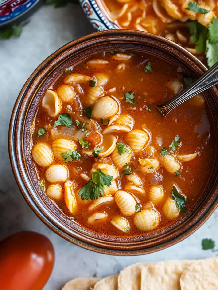 A bowl of pasta soup garnished with fresh cilantro, alongside a tomato and tortilla chips.