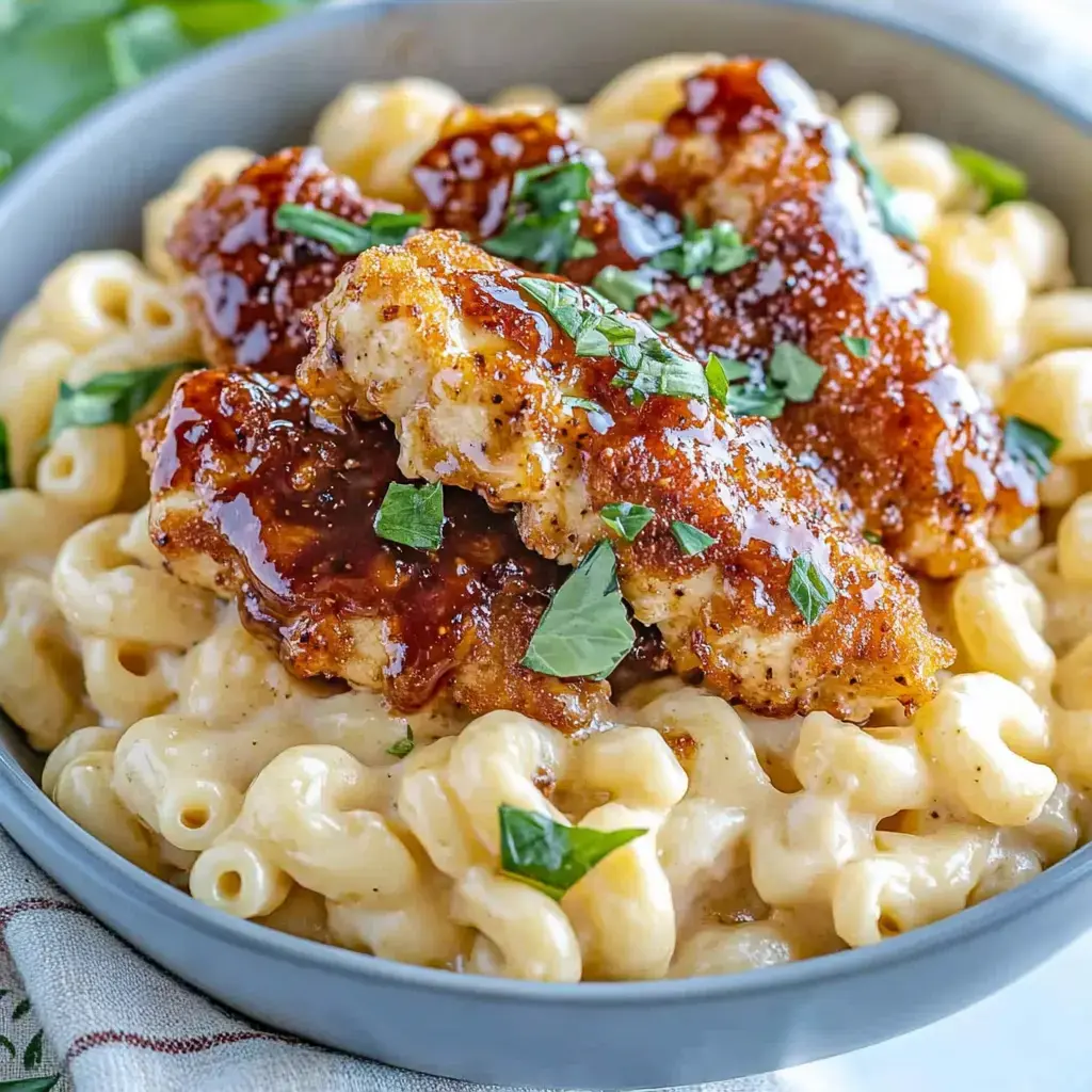 A bowl of creamy macaroni and cheese topped with crispy fried chicken drizzled in sauce and garnished with chopped parsley.