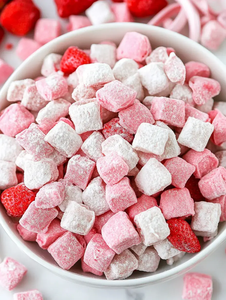 A bowl filled with pink and white powdered chewy candies alongside fresh strawberries.