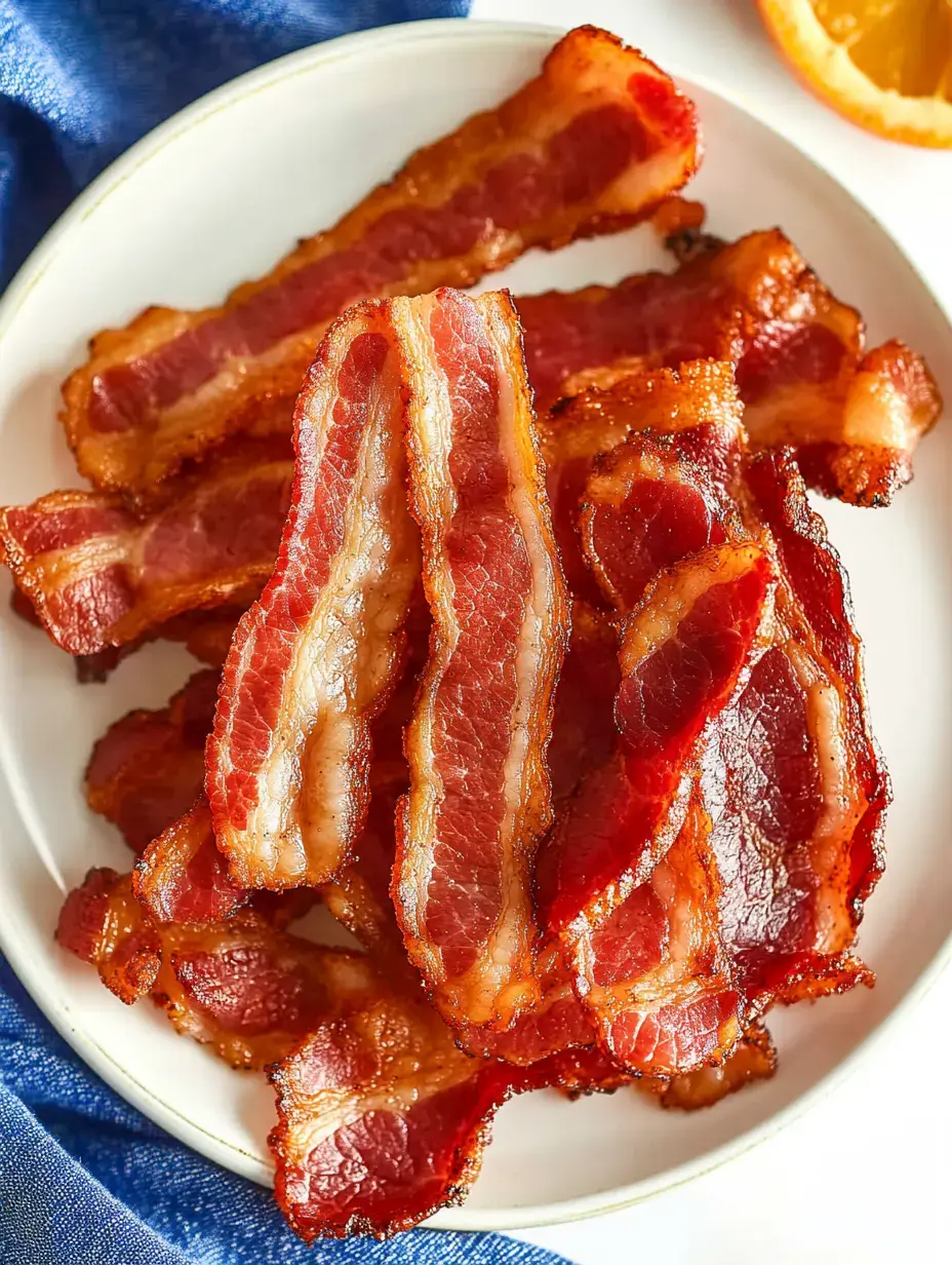 A plate of crispy, cooked bacon strips arranged neatly on a white plate, with a blue cloth and a slice of orange in the background.