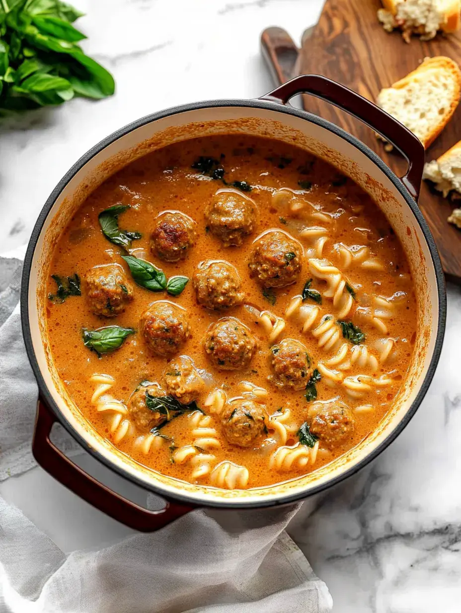 A pot of creamy pasta with meatballs and spinach sits on a marble surface, accompanied by a slice of bread on a wooden cutting board.