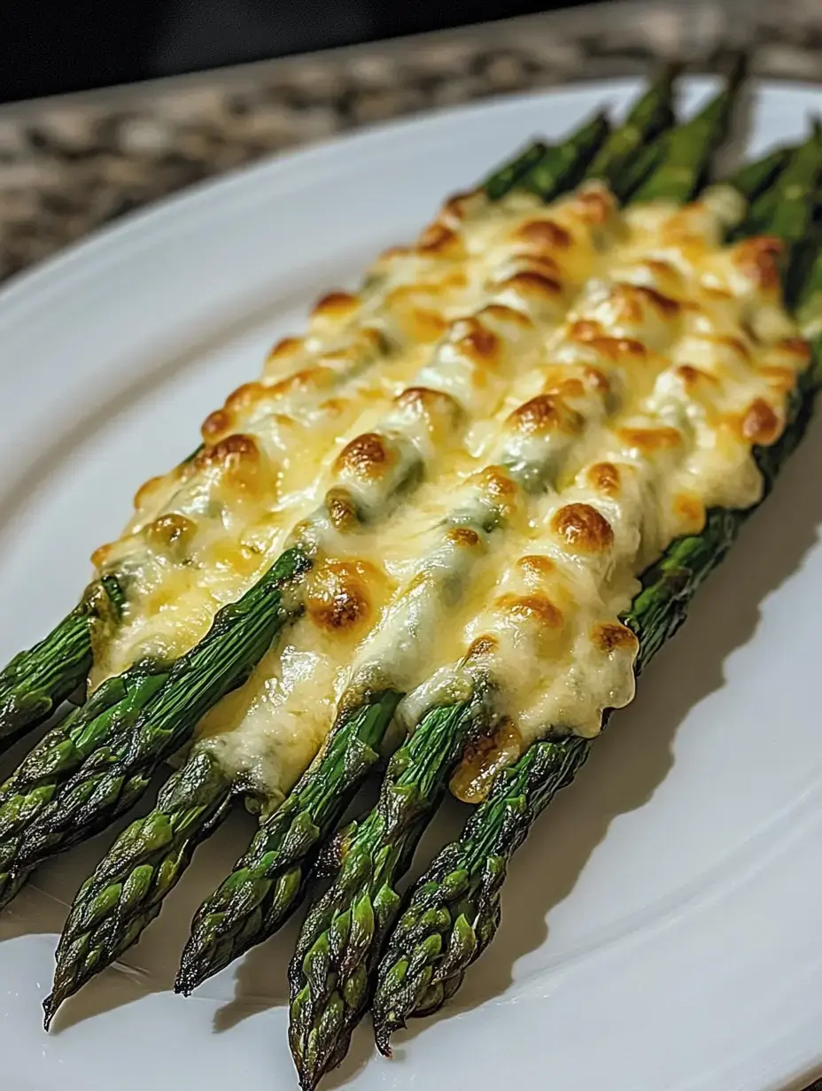 Baked asparagus topped with melted cheese served on a white plate.