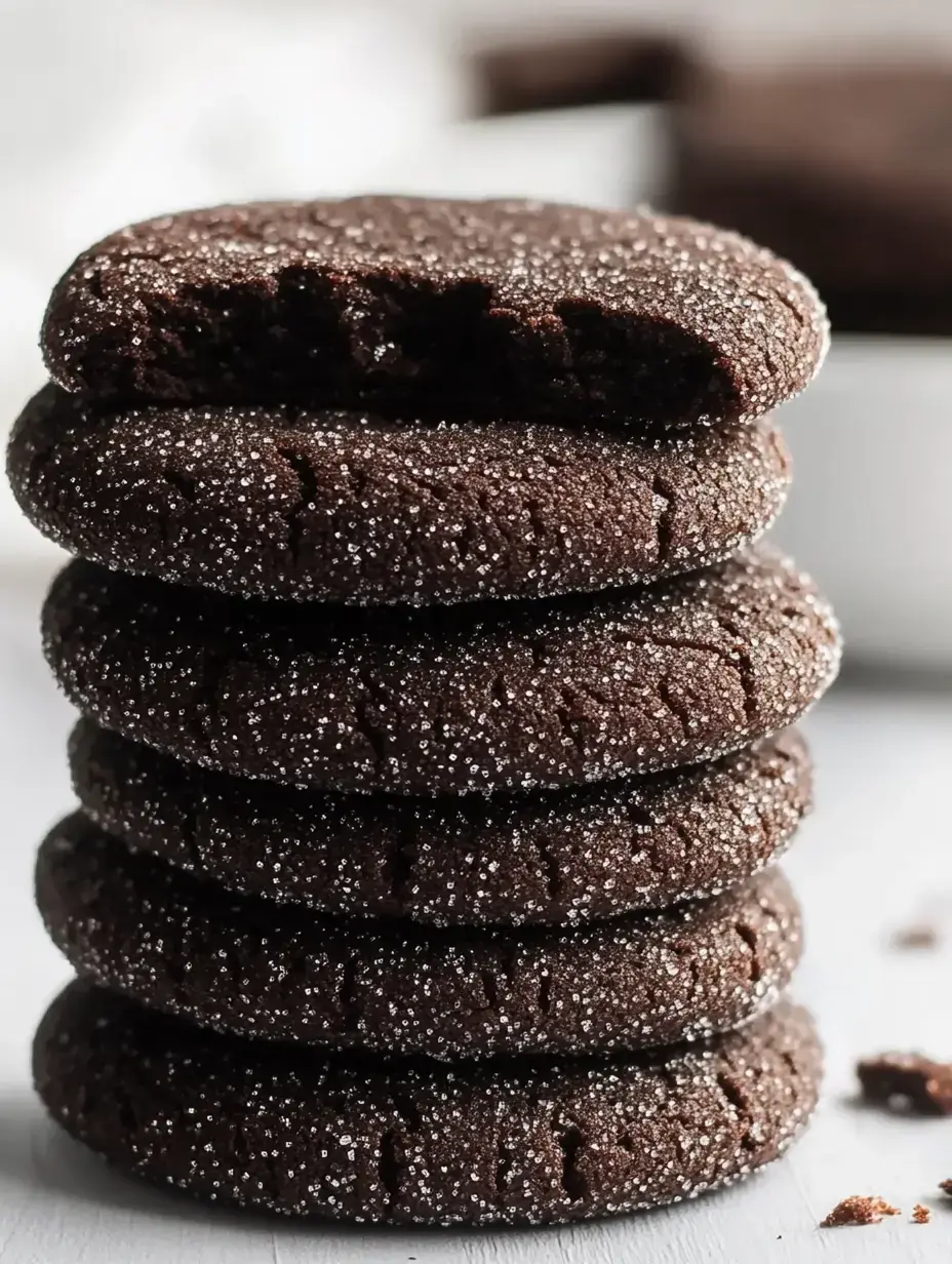 A stack of five chocolate cookies dusted with sparkling sugar, with one cookie partially bitten.