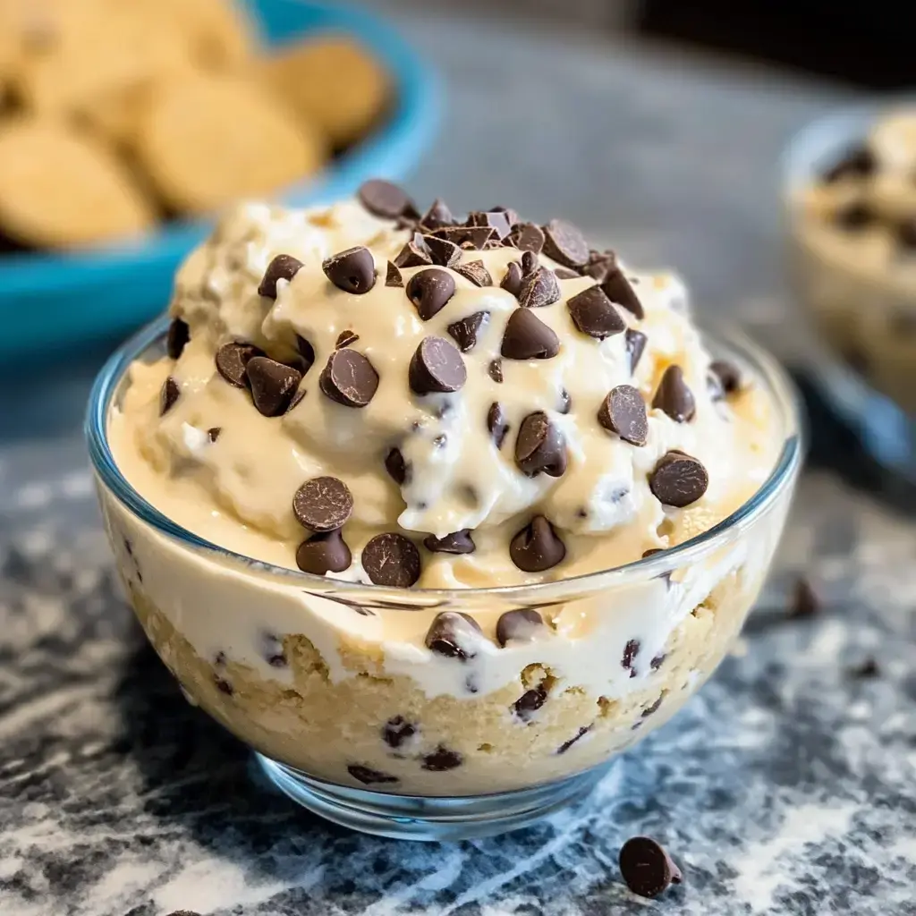 A glass bowl filled with creamy, chocolate chip cookie dough topped with chocolate chips, set against a blurred background of cookies.