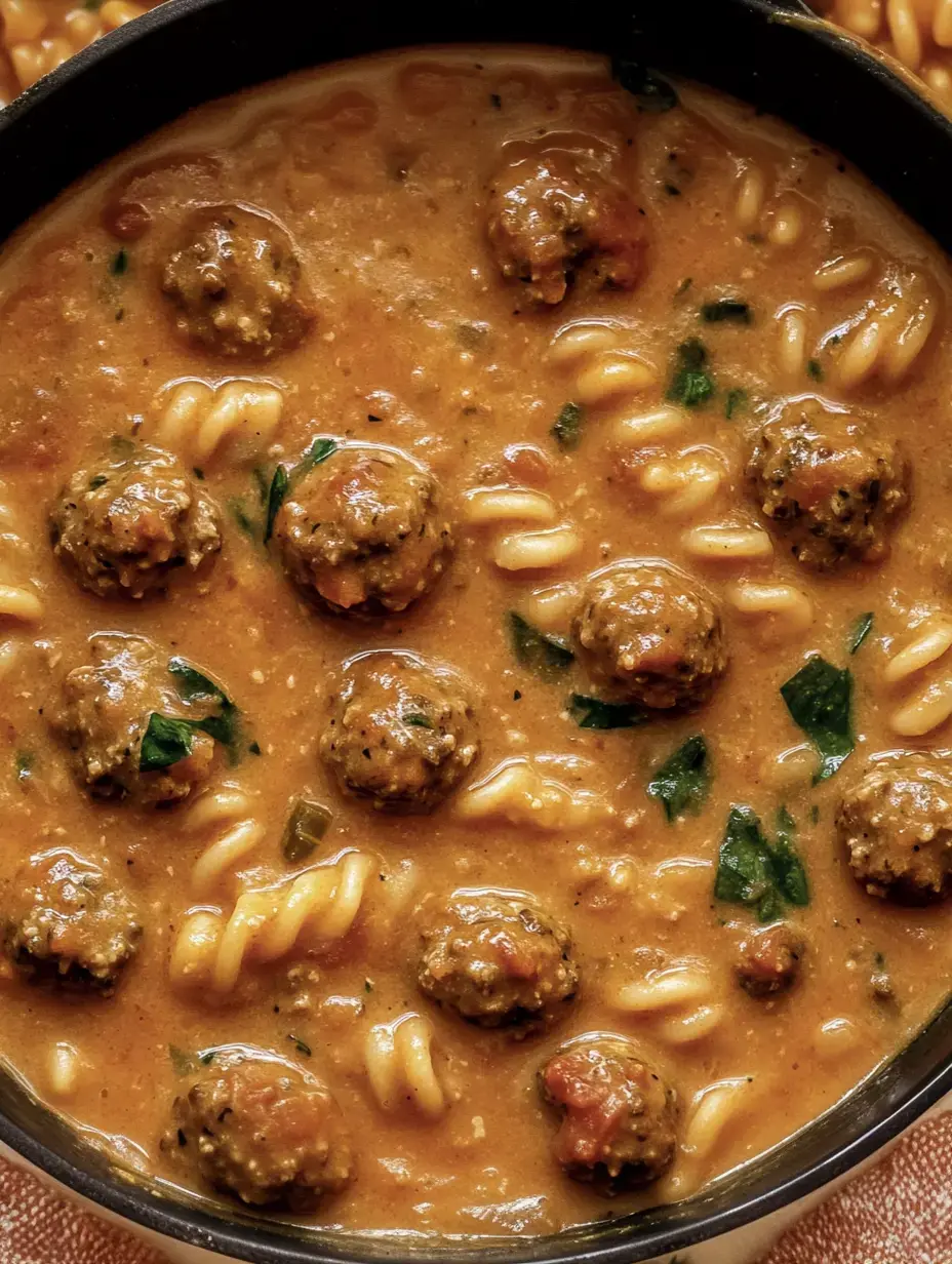 A bowl of hearty soup containing meatballs, spiral pasta, and green herbs in a rich, savory broth.