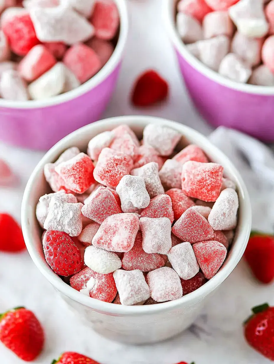 A bowl filled with pink and red star-shaped gummy candies sprinkled with powdered sugar, surrounded by fresh strawberries.