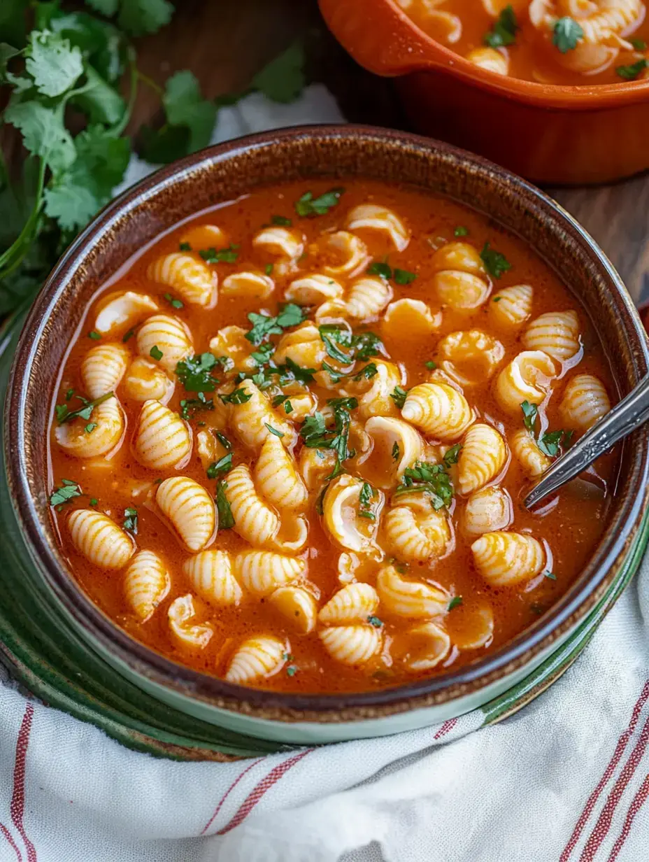 A bowl of pasta in a rich, orange broth garnished with fresh parsley, accompanied by another dish of the same soup in the background.