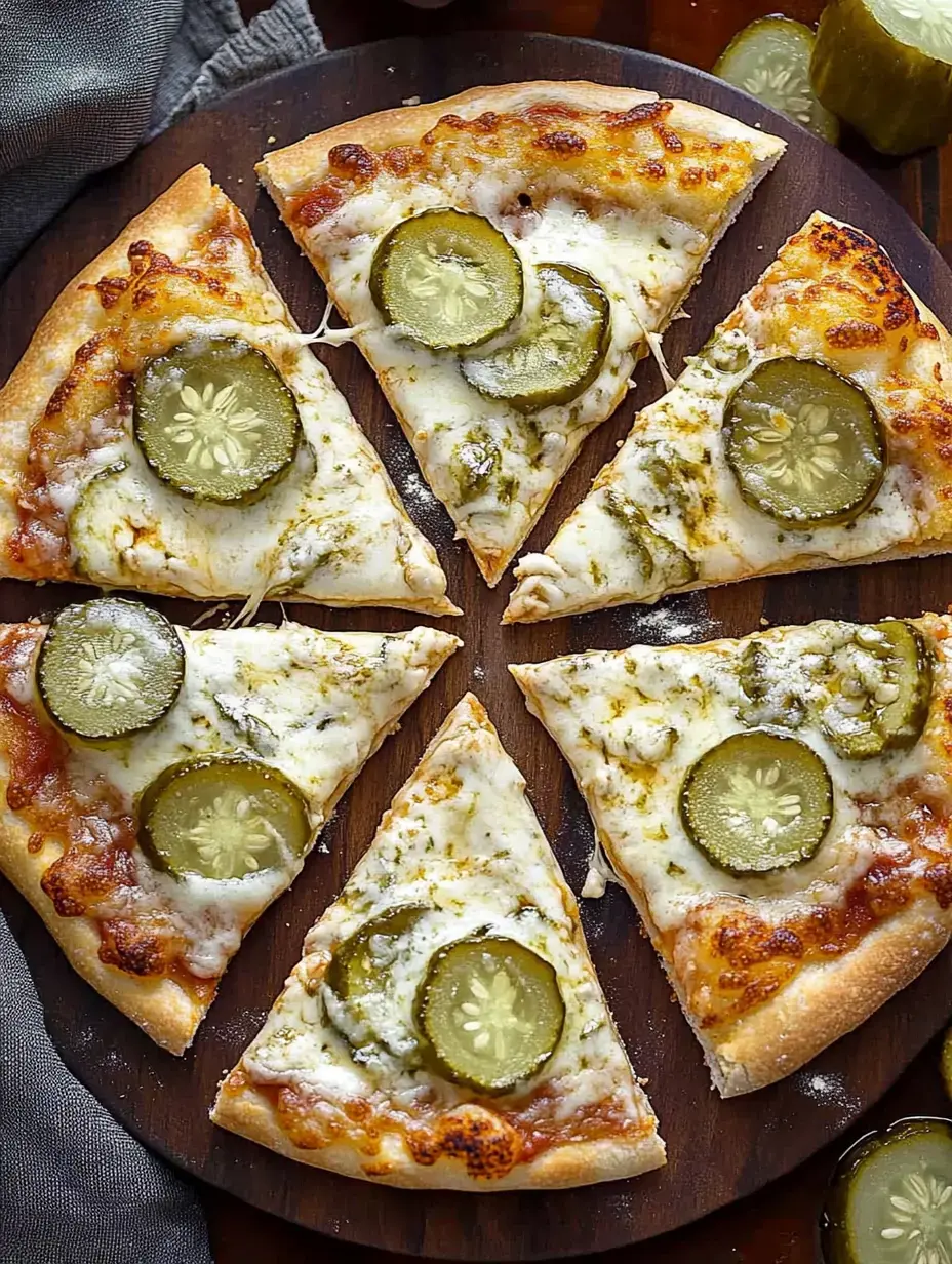 A wooden board holds six slices of pizza topped with melted cheese and pickled cucumber slices.