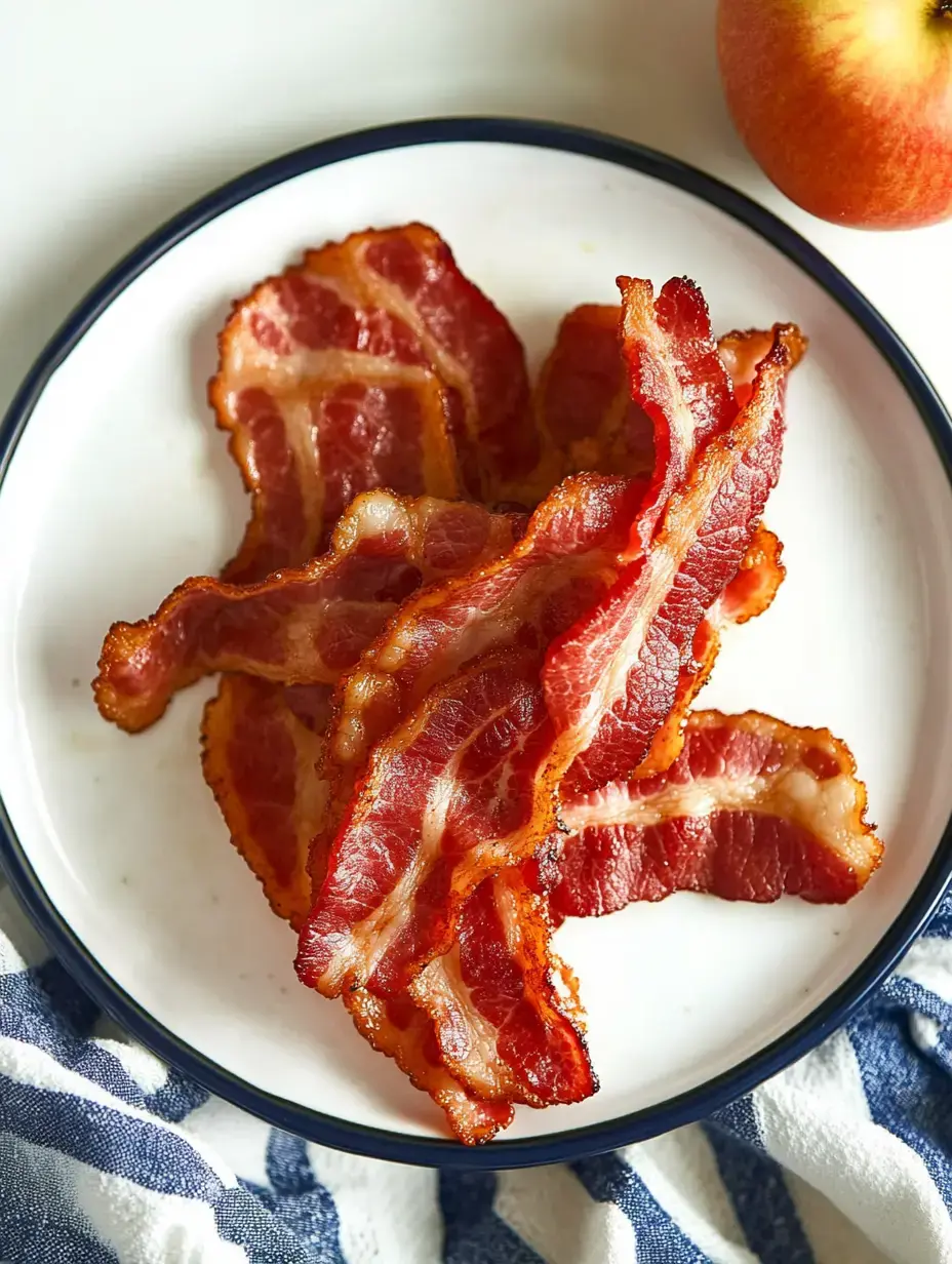 A plate of crispy bacon strips is displayed alongside a red apple.