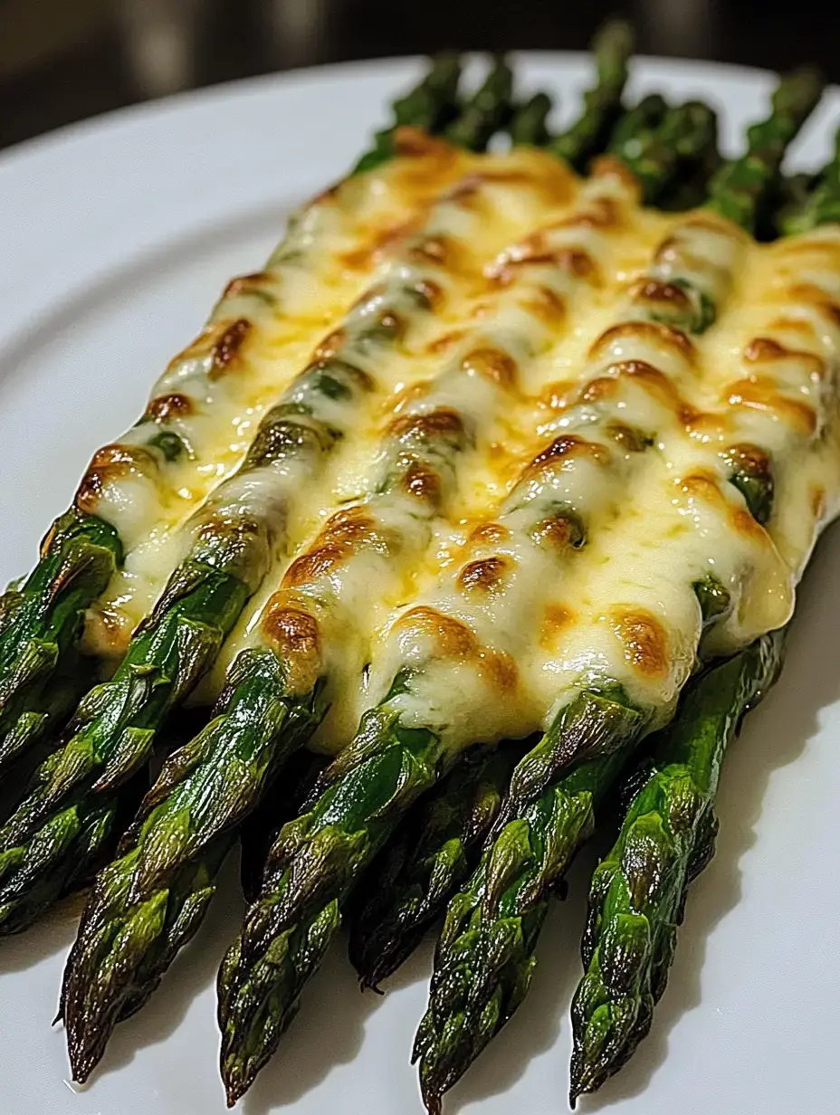 A close-up of cooked asparagus spears topped with melted cheese, arranged neatly on a white plate.