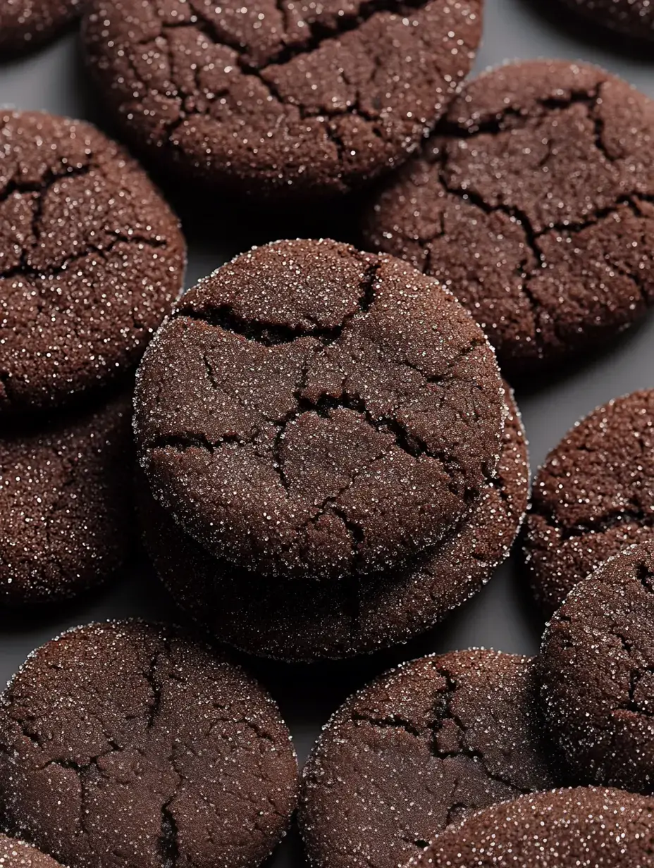 A pile of rich, dark chocolate cookies dusted with granulated sugar, showing a cracked surface.