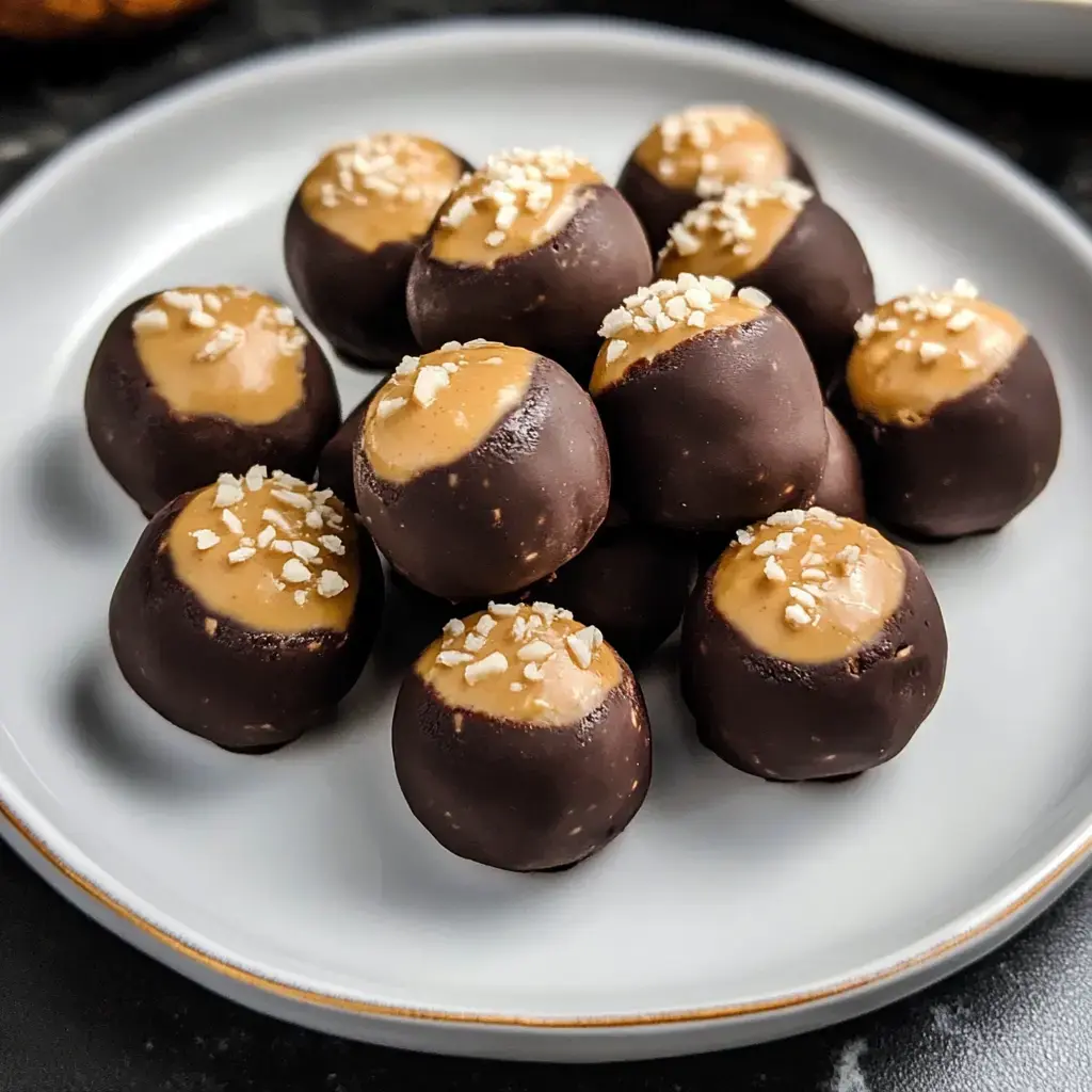 A plate of chocolate-covered energy balls topped with creamy peanut butter and sprinkled with coarse salt.