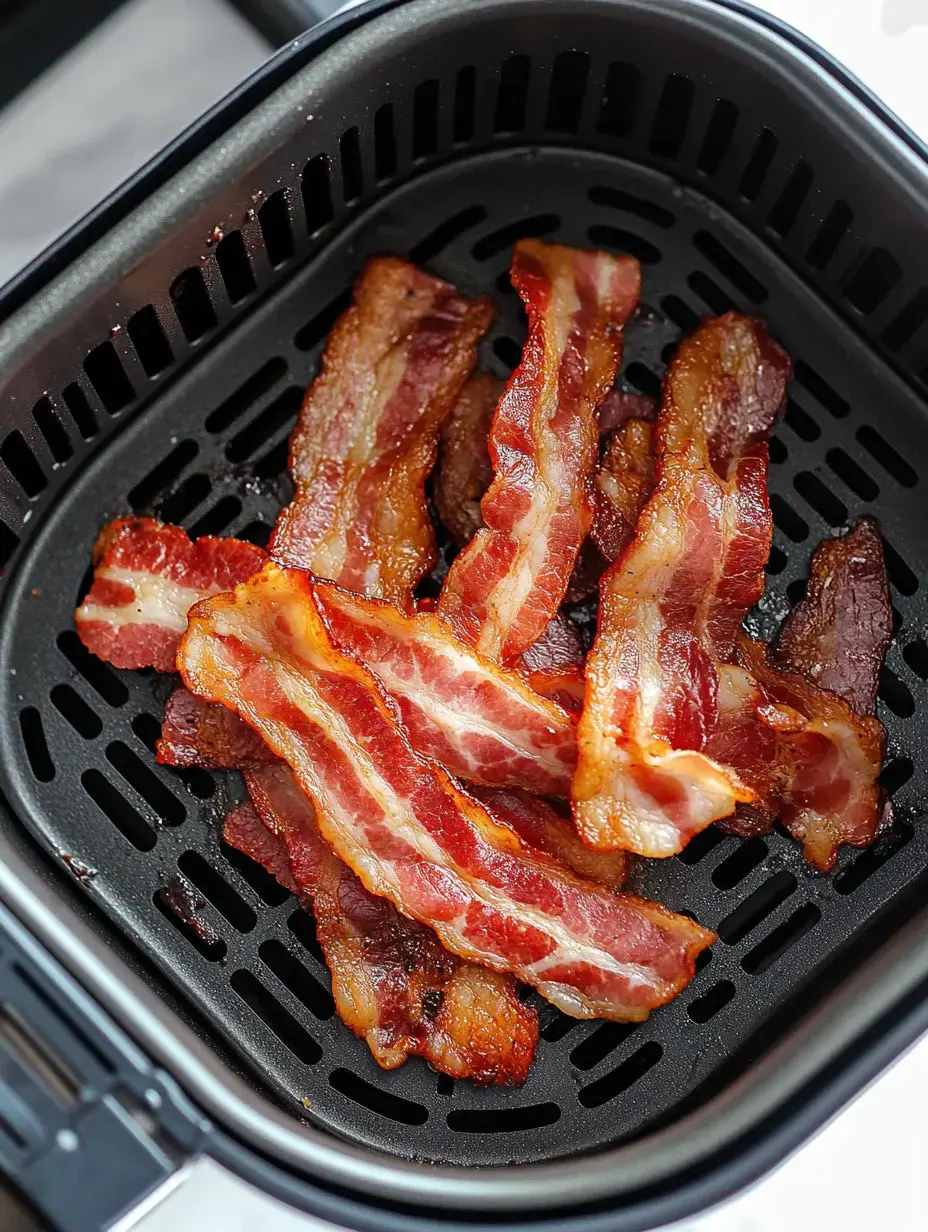 Crispy strips of cooked bacon are arranged in a black air fryer basket.