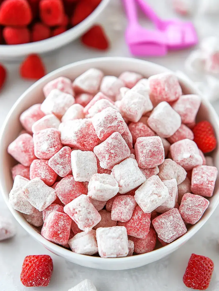 A bowl filled with pink and white powder-coated gummy candies, surrounded by fresh raspberries and colorful utensils.